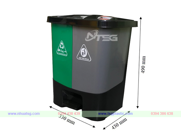 Kích thước thùng rác 2 ngăn phân loại rác theo nguồn 40 lít